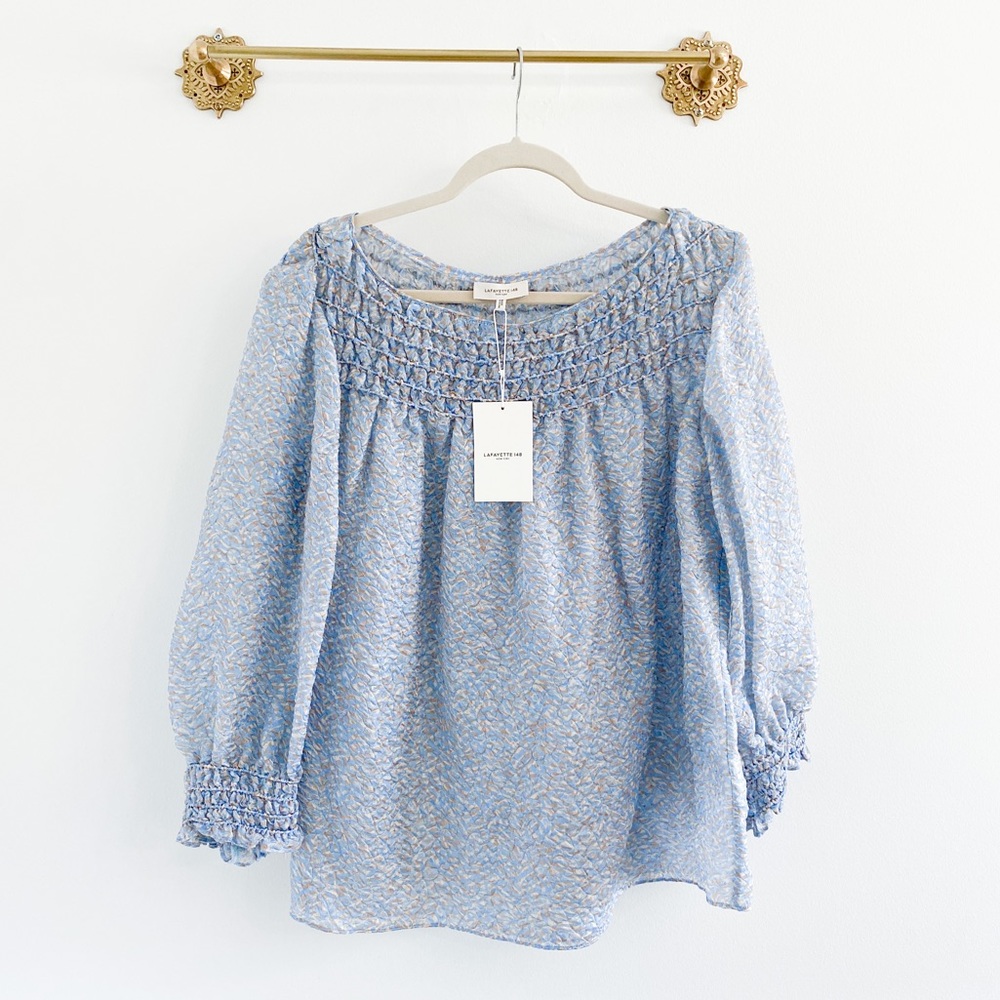 Lafayette 148 Paley Jacquard Silk Blue Smocked Blouse